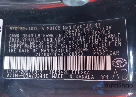 2009 Toyota Corolla S z USA, uszkodzony, nr VIN 2T1BU40E49C168369